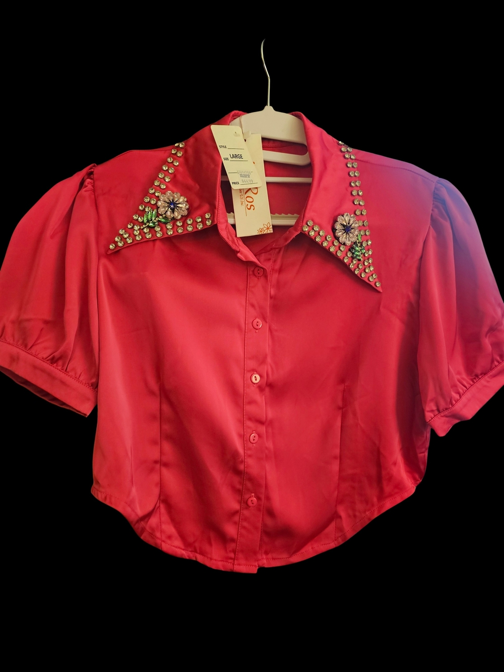 Embellished Hot Pink Satin Button-Front Blouse